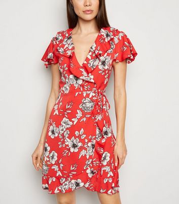 Mela Red Floral Frill Wrap Dress | New Look
